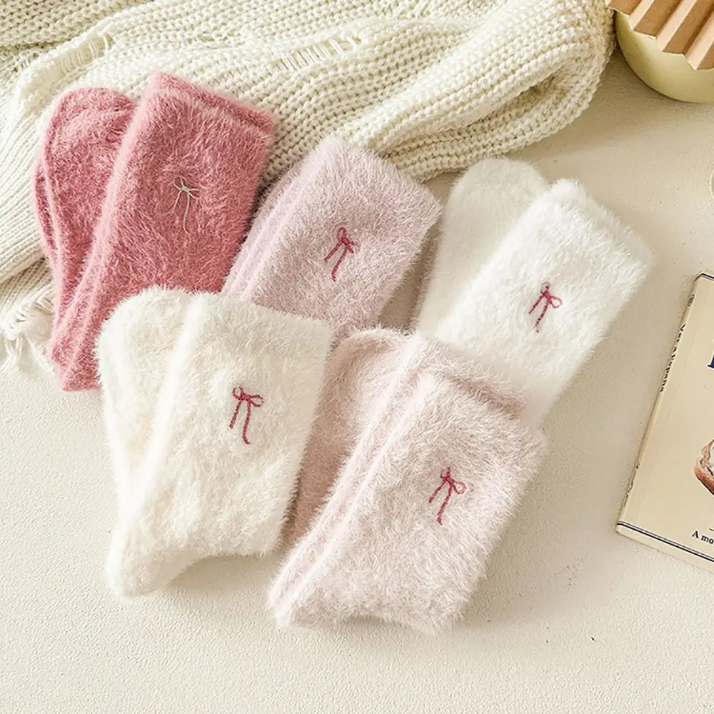 

Kawaii впитывающие пот бархатные носки с бантом, мягкие уютные теплые флисовые носки, зимние теплые носки для сна, домашняя одежда