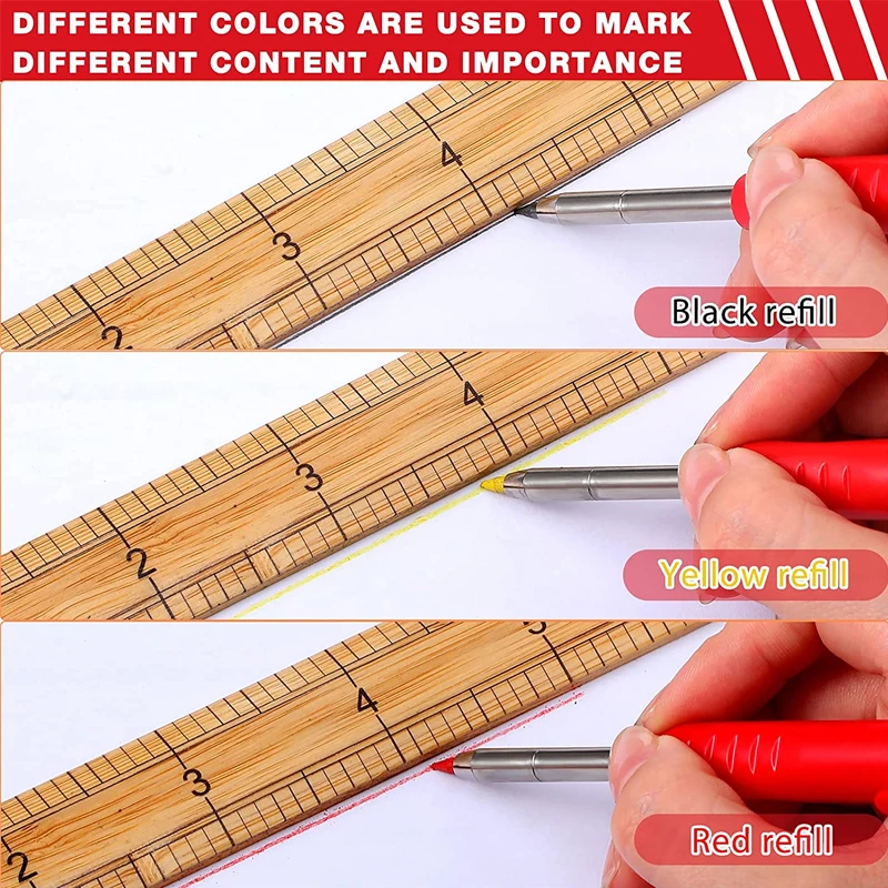 Solid Carpenter Pencil Set with 6 Refill Leads Built-in Sharpener Deep Hole Mechanical Surveying Pencil Marker New Tools Set