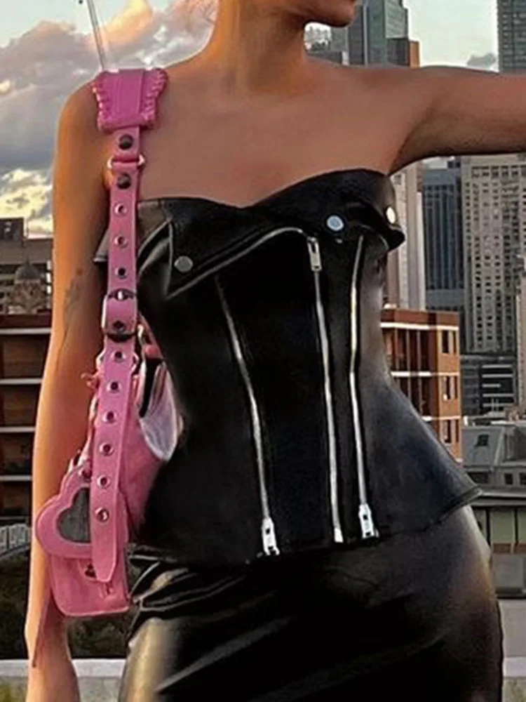 SUCHCUTE Punk Style Zip Up Corset Tops Black Leather PU Gothic Buttons Sleeveless Tube Tank Top Racing Moto & Biker Camis 2022