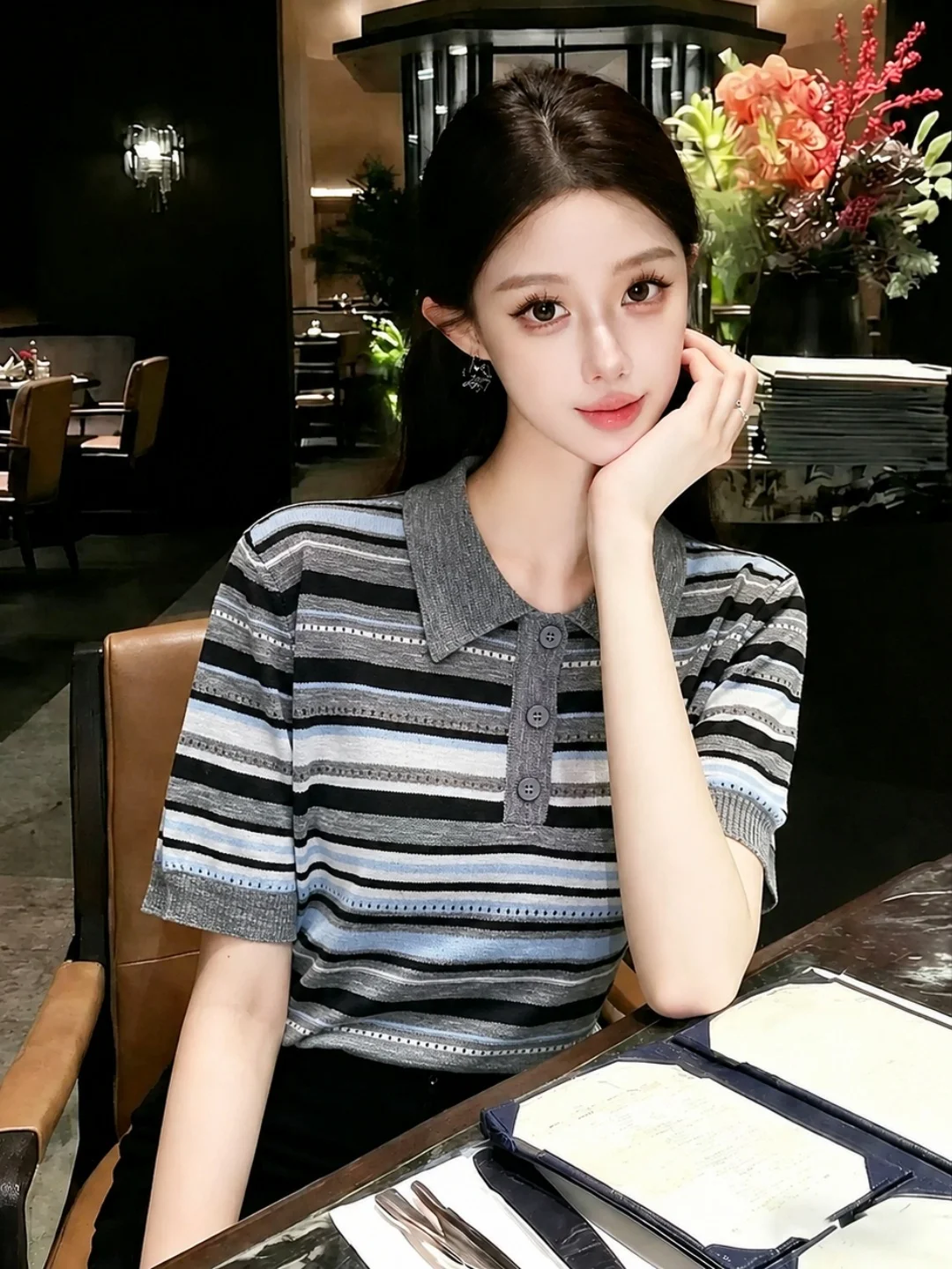 

Collar Pullover Short Sleeve Knitted Shirt Color Block Striped Design Versatile Commute Top Women Summer 2026 Korean Style
