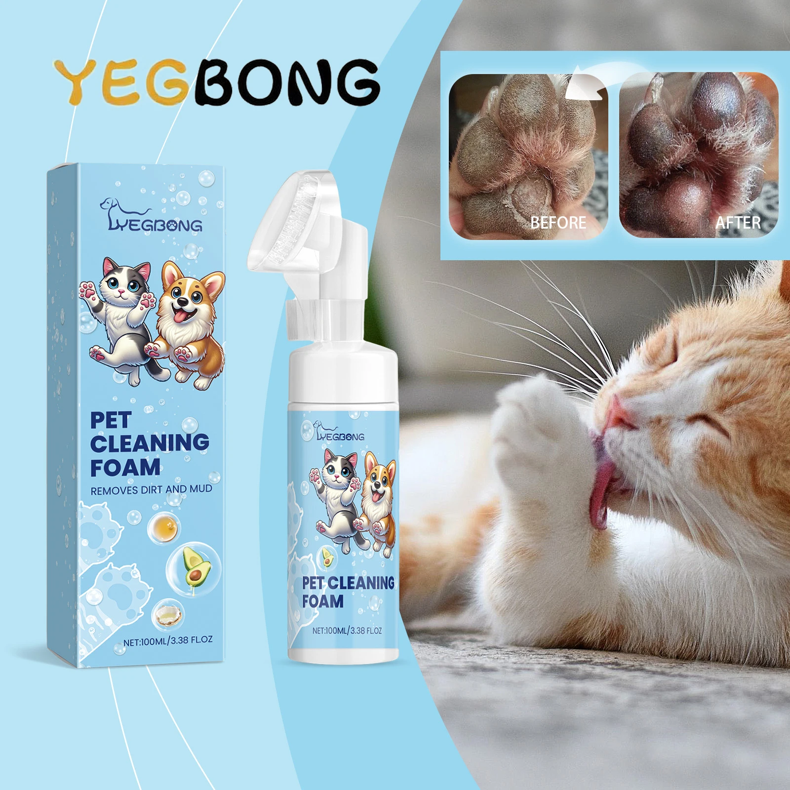 YEGBONG 100 ml Pet Paw Foam Cleanser Glycerin Lauryl Avocado Sanfte Tiefenreinigung Schmutz Schadstoffentfernung für Hunde Katzen Alle Rassen