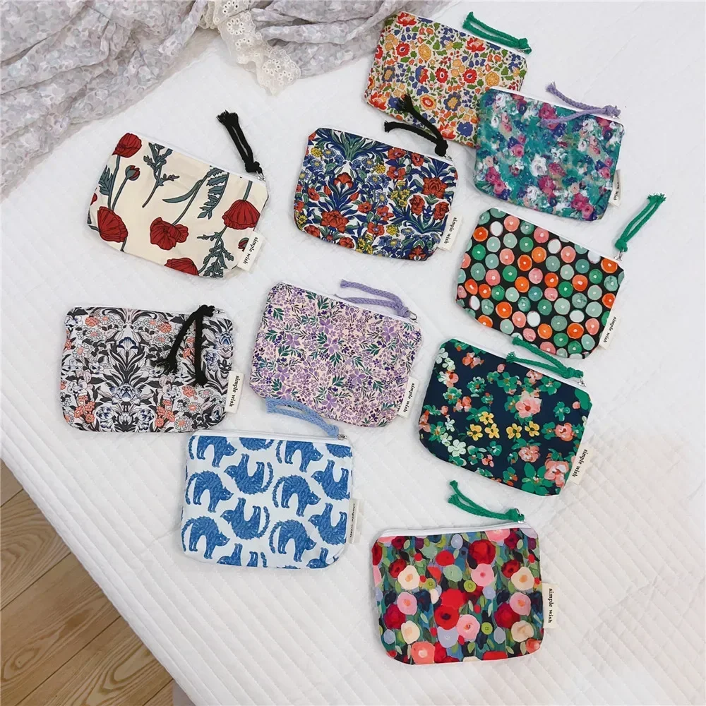 Retro Zipper Coin Purse Floral Print Small Cosmetic Bag Makeup Bag Key Data Cable Storage Bag Canvas Coin Pouch Card Holder Bags