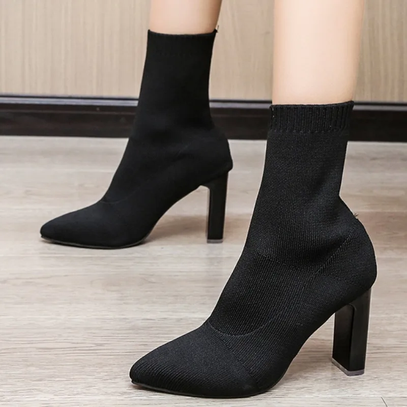 Women Boots Elastic High Heels Boots Breathable Thin Heels Botas Mujer Slip on Ankle Boots Elegant Woman Heeled Shoes D214