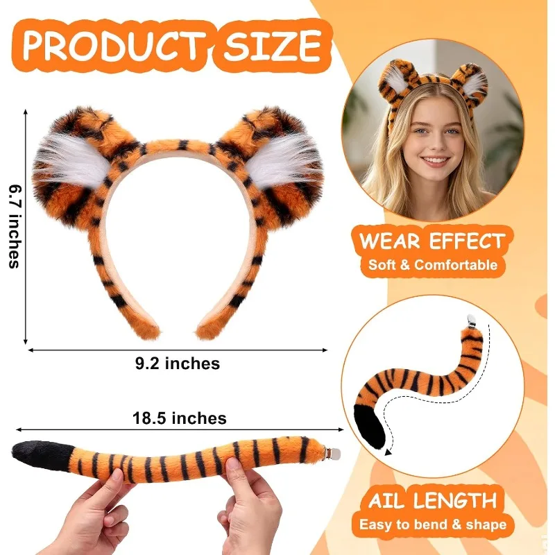 2 Pieces Tiger Accessory Tiger Ears Headband and Tail Orange Black Tiger Cosplay Costume for Halloween Animal Dress Up