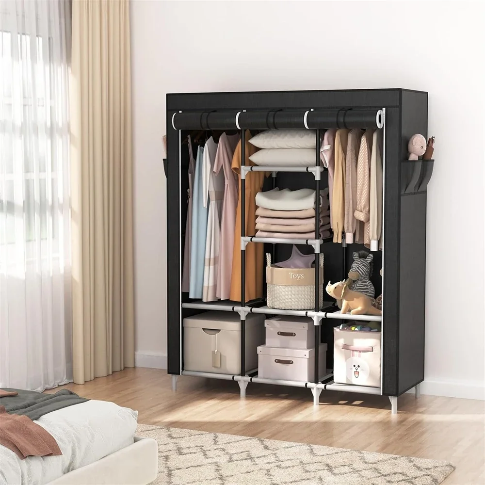 Portable Closet Large Wardrobe Closet Clothes Organizer with 6 Storage Shelves, 2 Hanging Sections 4 Side Pockets