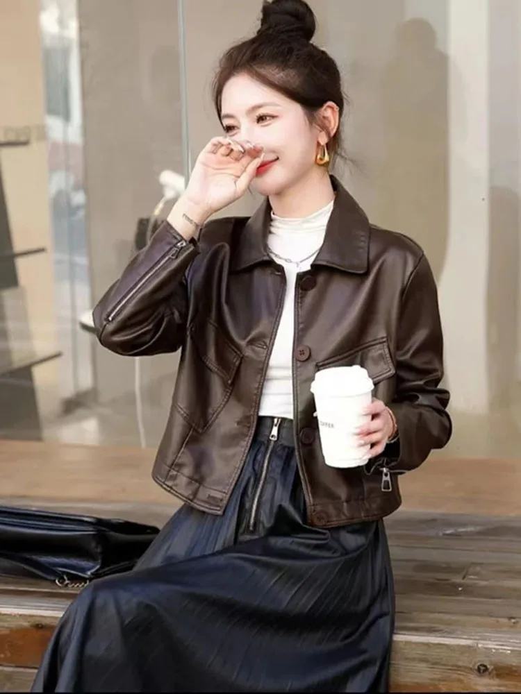 Faionable ort Leather Jaet Women's Autumn 2024 Loose Slimming Korean Sle Mechanical Wind Outerwear  Collar Button