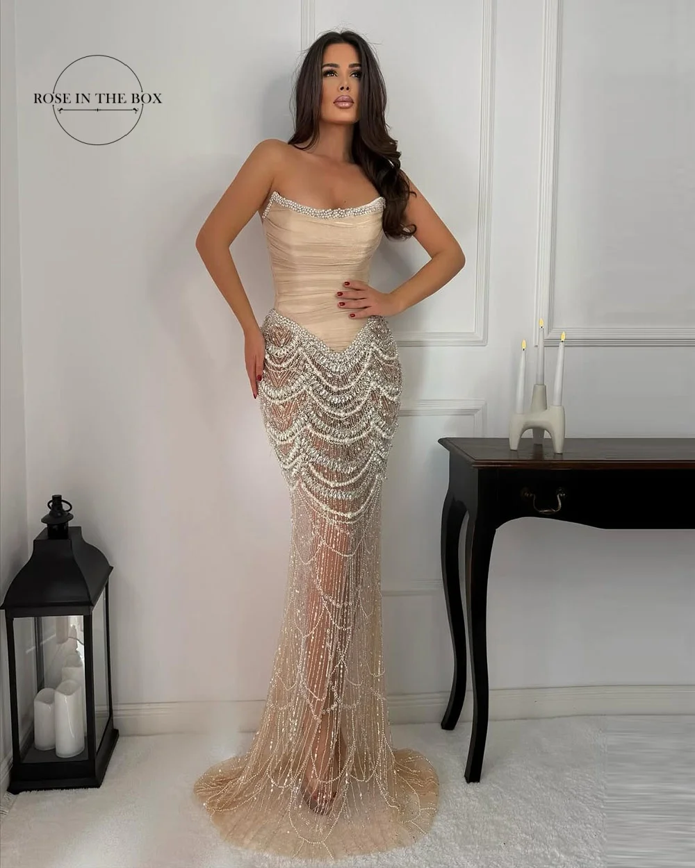 

ROSEINTHEBOX Роскошные вечерние платья без бретелек по индивидуальному заказу, сексуальные платья с лифом и рюшами для женщин, вечерние платья