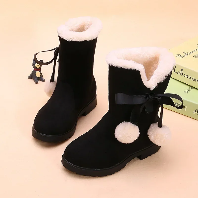 Children\'s Winter Boots for Girls Princess Medium Big Kids Snow Boots Warm Fur Bowtie with Hairball Cute Sweet Plush Suede Boots