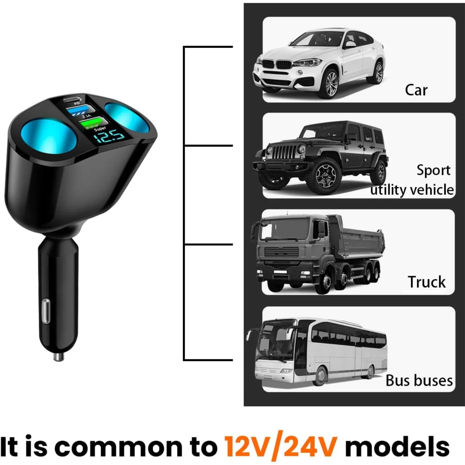담배 라이터 분배기, USB 2.4A 및 QC3.0 유형 C(소켓 2개 포함) 담배 라이터 어댑터, 12V/24V 120W 차량용 충전기 분배기 f