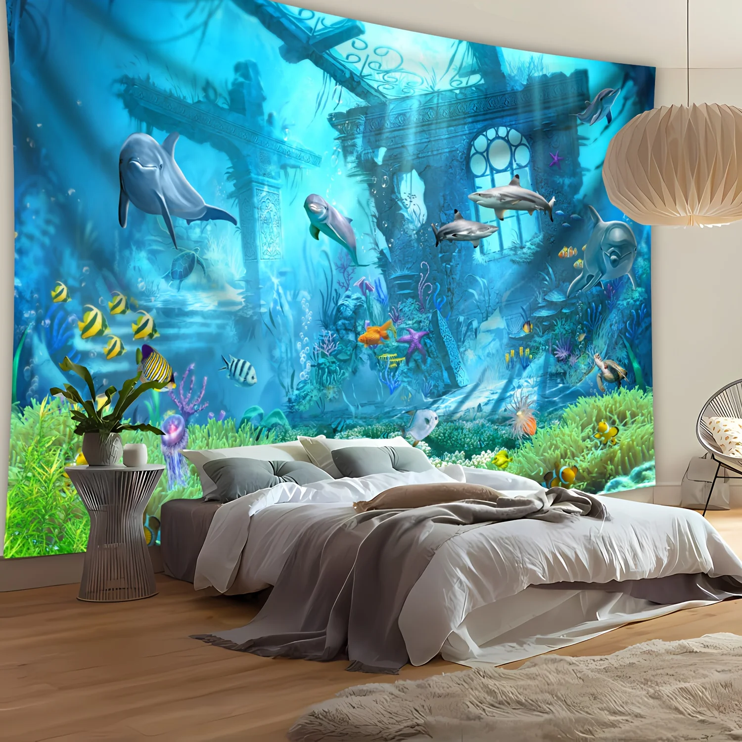 VIKAMA Wandteppich mit mystischer Unterwasserwelt, niedlicher Delfin, Meereslebewesen, Wandbehang für Schlafzimmer, Wohnzimmer und Wohnheim, Heimdekoration