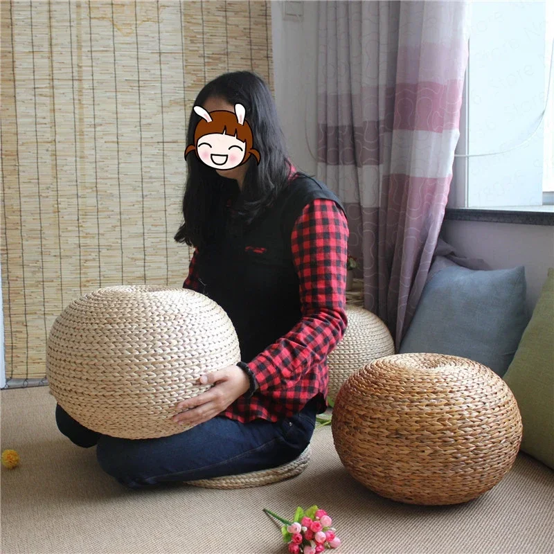 Japanese style natural straw stool sitting seat living room Spherical round  stool rattan cushion natural hand woven foot stool