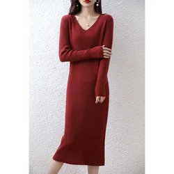 Autumn Winter High Elasticity 100% Wool Thicken Sweater Dress Warm Basic Knit Pullovers Women Slim Dress Female Casual Dresses