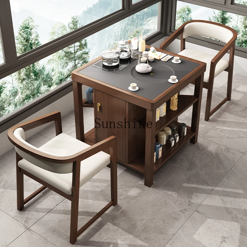 Balcony small tea tray integrated embedded high-end solid wood tea table and chair combination