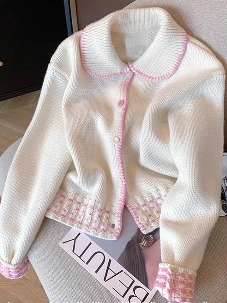 

Women's Off White Cardigan Sweater with Collar Harajuku 90s Y2k Long Sleeves Knit Cashmere Sweaters Vintage 2000s Clothes Autumn