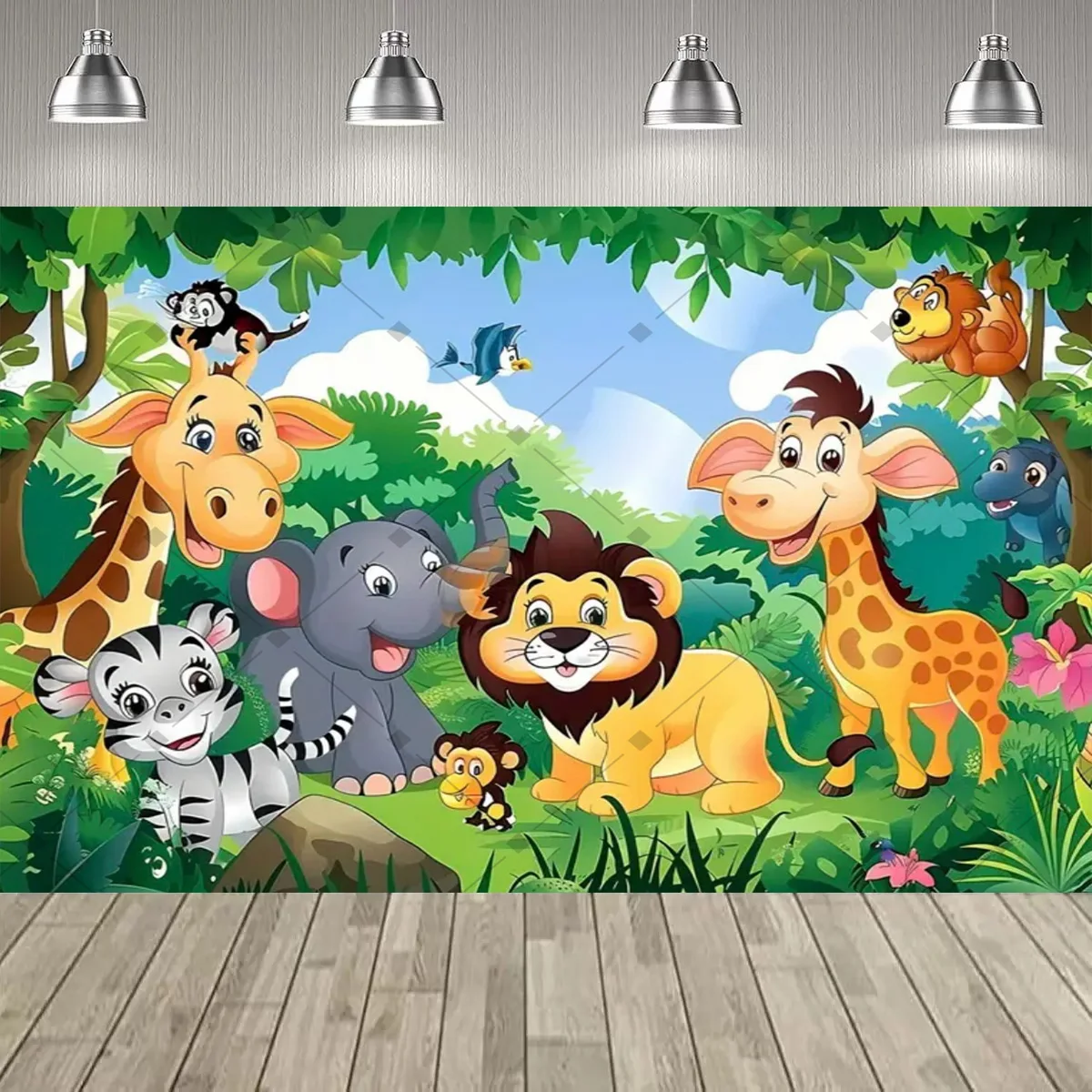 Lebendiger Dschungel-Tier-Party-Dekor-Hintergrund, niedlicher Löwe, Tiger, Elefant, Thema, Kindergeburtstag, Partyzubehör, Dekor, Banner, Baby-Taufe – Detail 7