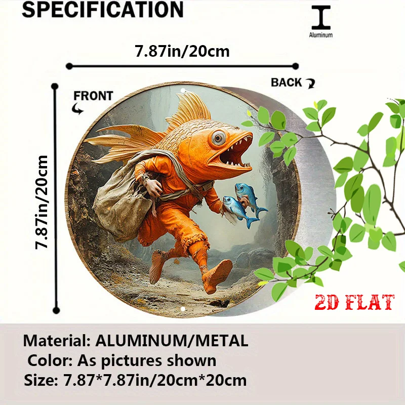 2D Flat, 1pc Vintage Goldfish & Sea Creatures Metal Wall Art - 19.81cm Round Aluminum Fish Sign with Jumping Fisherman-Like Go