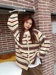 Zoki Women Design Cardigan a righe cappotto High Street Koren maglione lavorato a maglia allentato Lazy Wind Fashion Turn Down Collar Buttons Tops