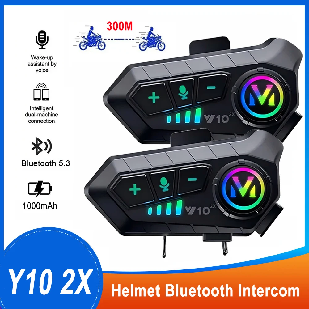 

1/2x Y10 2X Motorcycle Helmet Intercom Bluetooth 5.3 Motorcycle Helmet Headset Waterproof 300m Intercomunicador Speaker Earphone