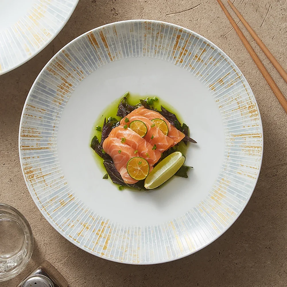 High Grade Round Porcelain Plate Modern Simplicity Striped Hotel Restaurant Homehold Tableware Vegetable Fruit Salad Plates