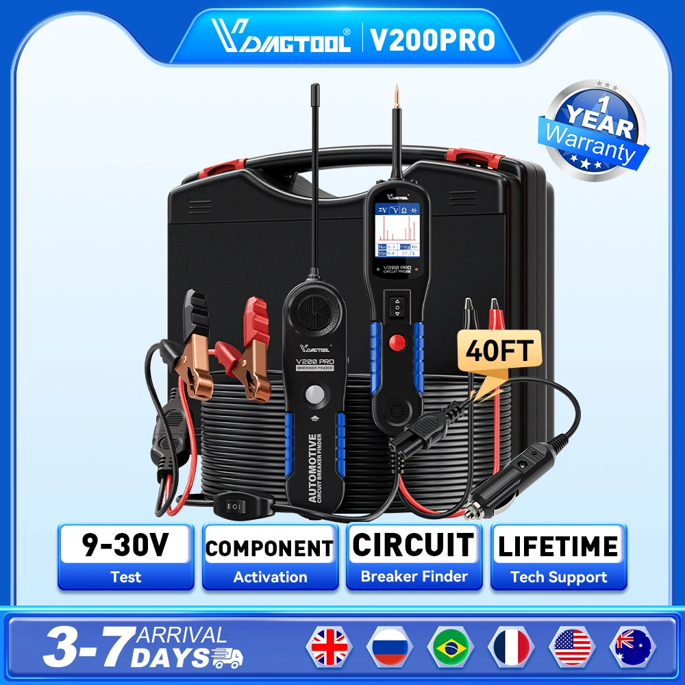 

2025 VDIAGTOOL V200PRO Automotive Power Circuit Probe 12V 24V Circuit Tester Electrical System Diagnostic Tools with 40FT Cable