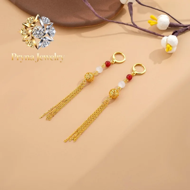Pryna Jewelry  Light luxury 24K real gold hydrangea two-color pearl ear buckle female fashion hollow-out tassel earrings to his