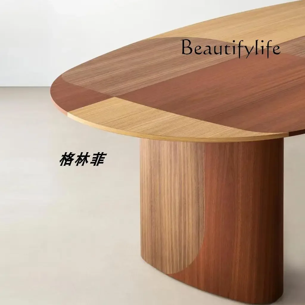 modern simple parquet countertop multi-person large desk Medieval oval solid wood dining table Nordic