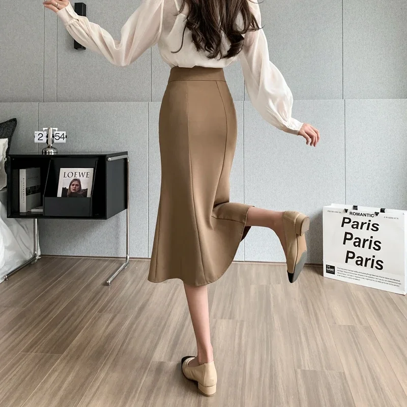 Elegant Office Long Skirts Women 2026 Winter Korean Fashion High Waist Falda Sexy Mujer Slim Y2k Clothes Flared Black Midi Skirt
