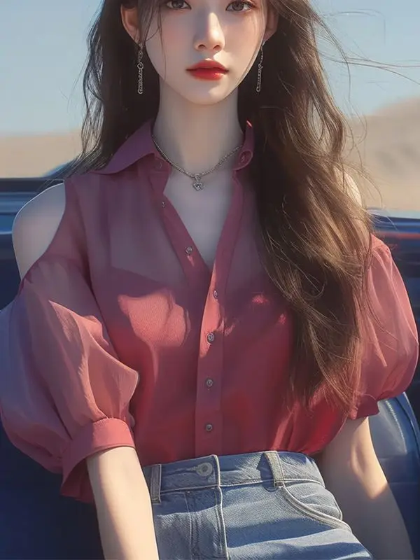 بلوزة شيفون نسائية صيفية فرنسية فريدة من نوعها باللون الأحمر بدون أكتاف