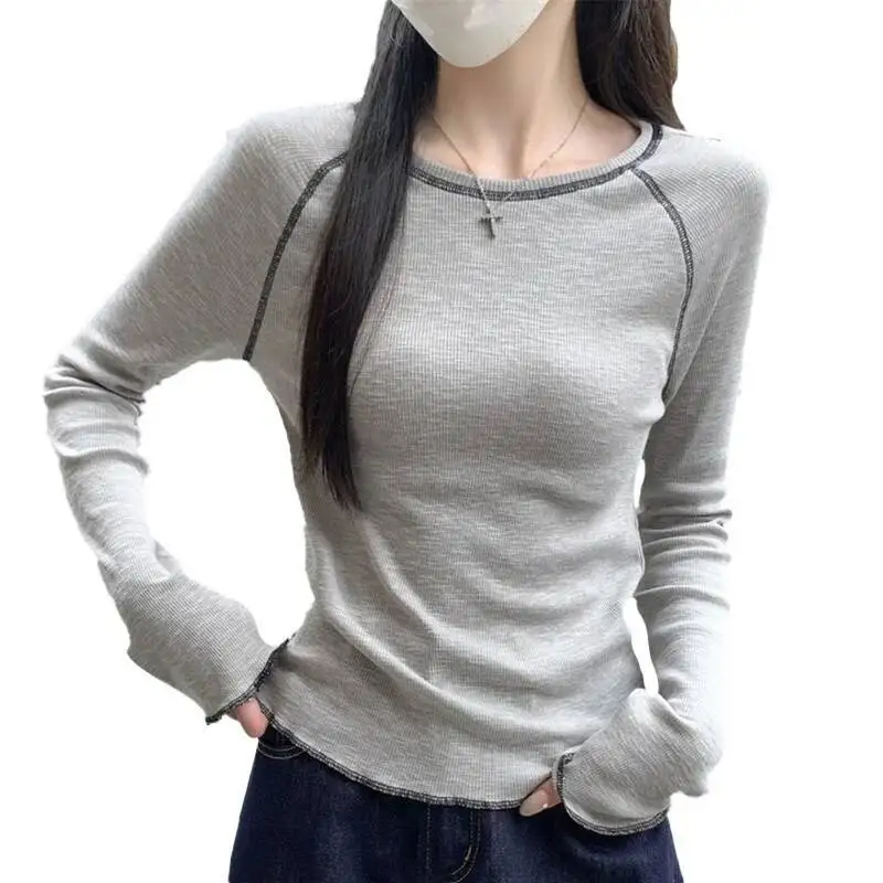 Retro American Slim Long Sleeve Round Neck Base Shirt Women's Chic Sewing Line Design T-shirt Korean Knit Casual Streetwear Top