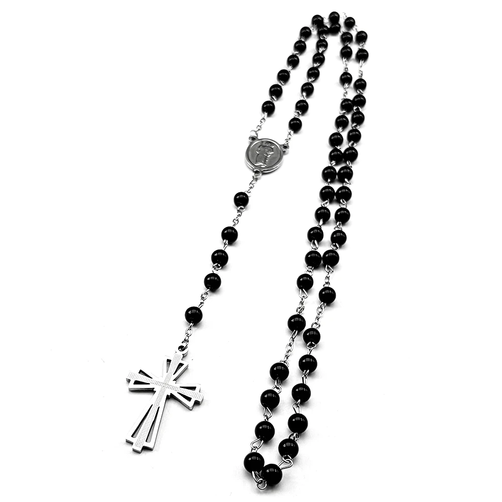 

Saint Benedict Cross Pendant Necklace for Women Men Stainless Steel Silver Color Jesus Prayer Beads Chain Catholic Jewelry