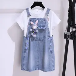 3-12Y Girls Denim Strap Dress Set Summer 2023 New Fashionable and Fashionable Children's Short Sleeve T-shirt Dress