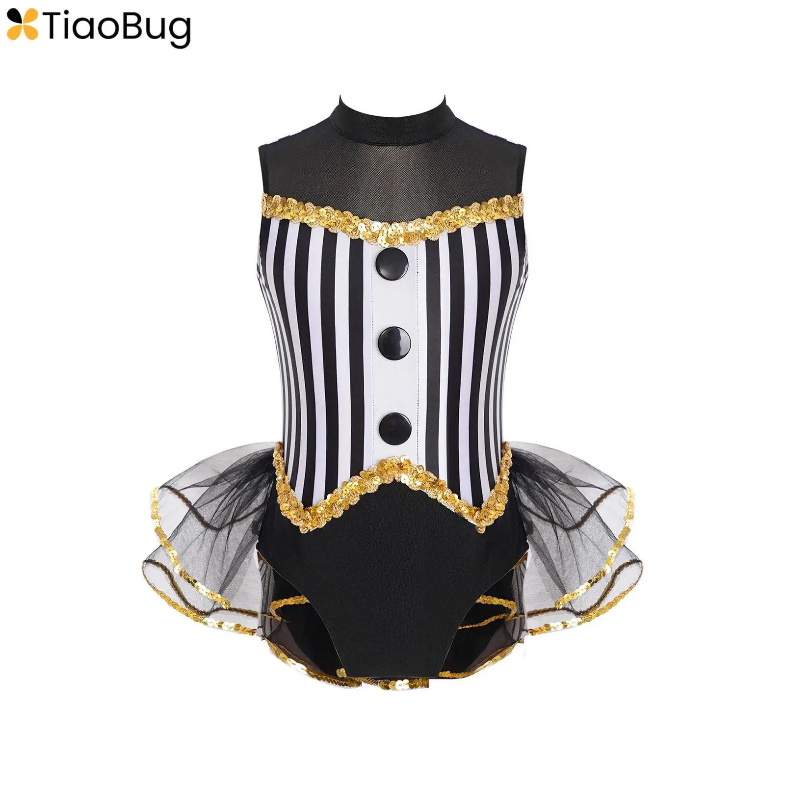 

Kids Girls Latin Jazz Dance Leotard Halloween Costume Shiny Sequins Striped Tulle Tutu Skirted Bodysuit Ballet Dance Dresses