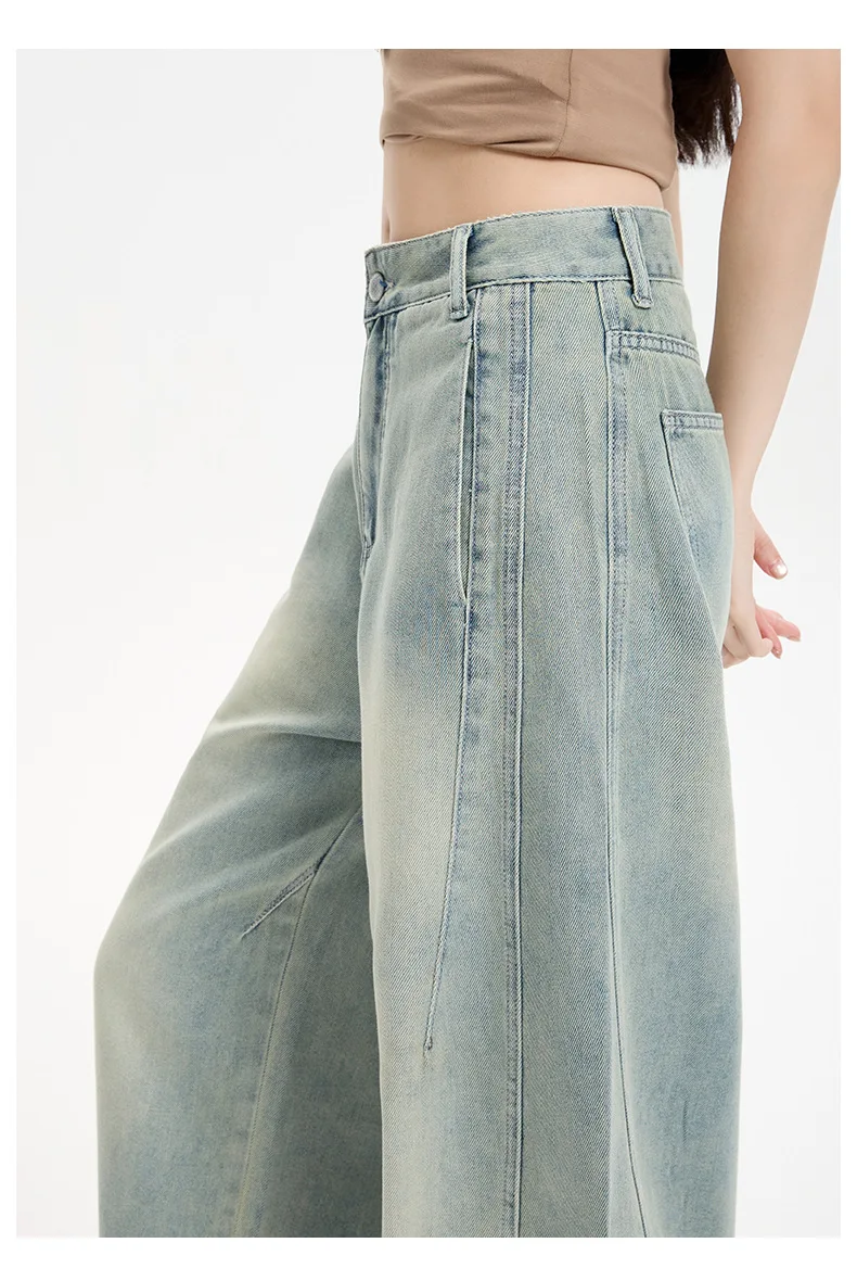 涼しく通気性の良いテンセルの薄手ハイウエストワイドジーンズ。 夏の女性のための新しいアメリカンレトロなルーズ三日月型ジーンズ