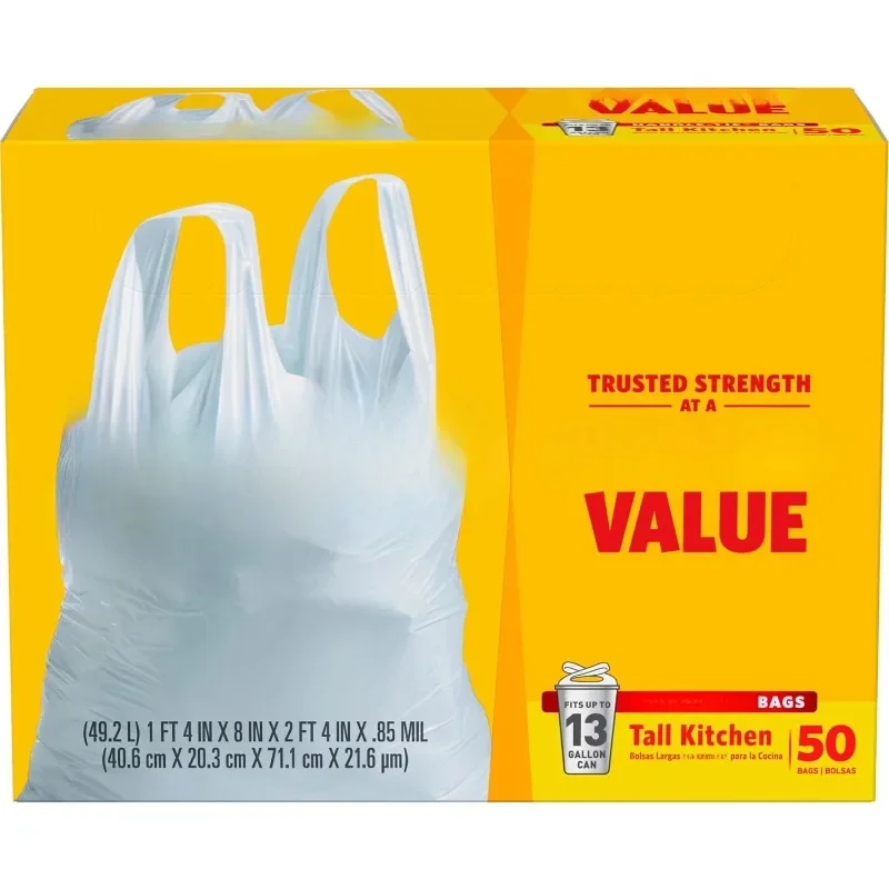 Trash Bags, Tall Kitchen Handle-Tie Garbage Bags - 13 Gallon White Trash Bag - 50 Count (Package May Vary)