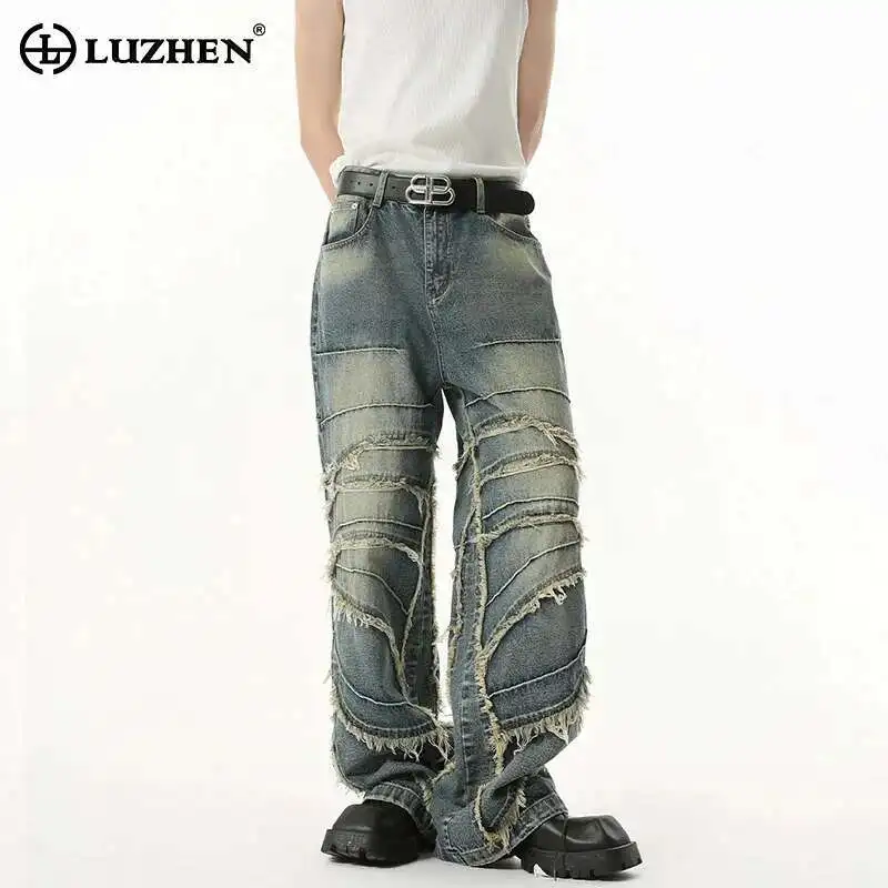 

LUZHEN 2025 New Personalized Wornout Burr Patchwork Design Straight Jeans Men's Stylish High Street Wide Leg Denim Pants LZ9861