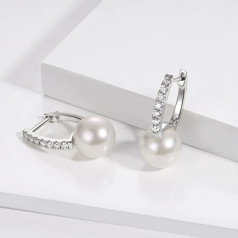 

AINUOSHI 10mm Natural Freshwater Pearls Hoop Earring Moissanite Pearl Earrings 925 Sterling Silver For Women Elegant Ear Jewelry