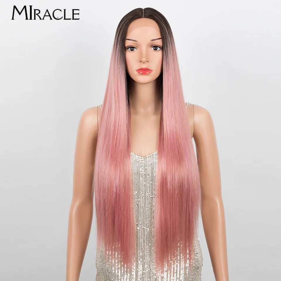 Miracle Straight Synthetische Pruiken Voor Vrouwen Synthetische Kant Voorkant Pruik 34Inch Steil Haar Pruik Ombre Roze Blonde Pruik Cosplay Pruiken