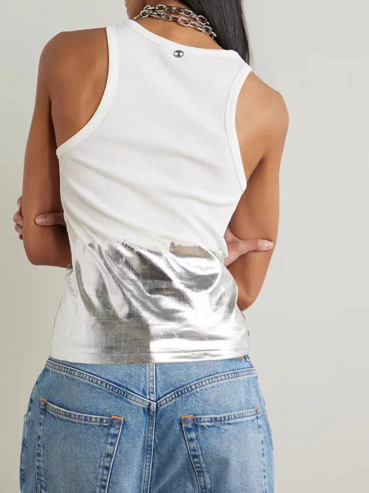 여성용 봄 여름 조끼, 락걸 메탈 버클 밑단, 내추럴 플리츠, 실버 페인트 코팅 실, 탄성 탱크 여성 조끼