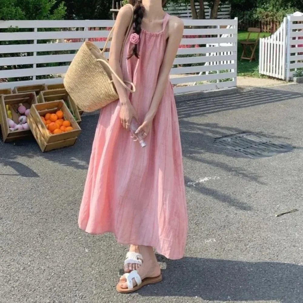 Doce rosa chiffon tanque vestido longo sem mangas verão nova chegada praia férias vestido roupas femininas enrugado bolso design