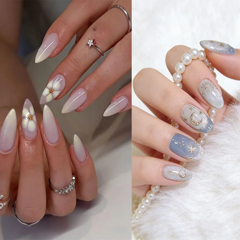 

24Pcs Sweet Pink Almond Fake Nails Stiletto Pink Flower French Fake Nails Girls Women Wearable Manicure