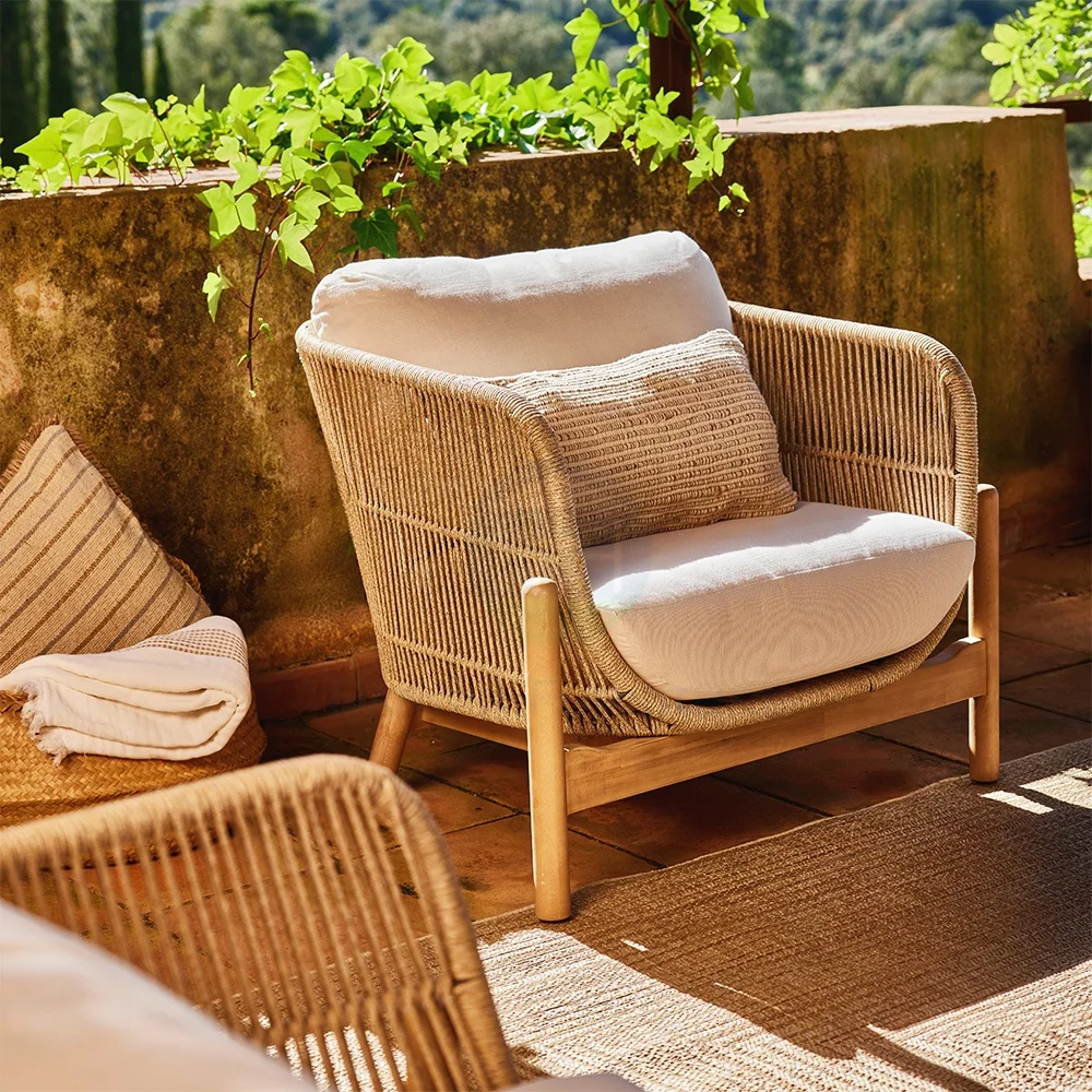 

Роскошный современный одиночный веревочный стул, диван для патио, горячая распродажа, уличный диван, деревянная мебель для отеля, садовый диван