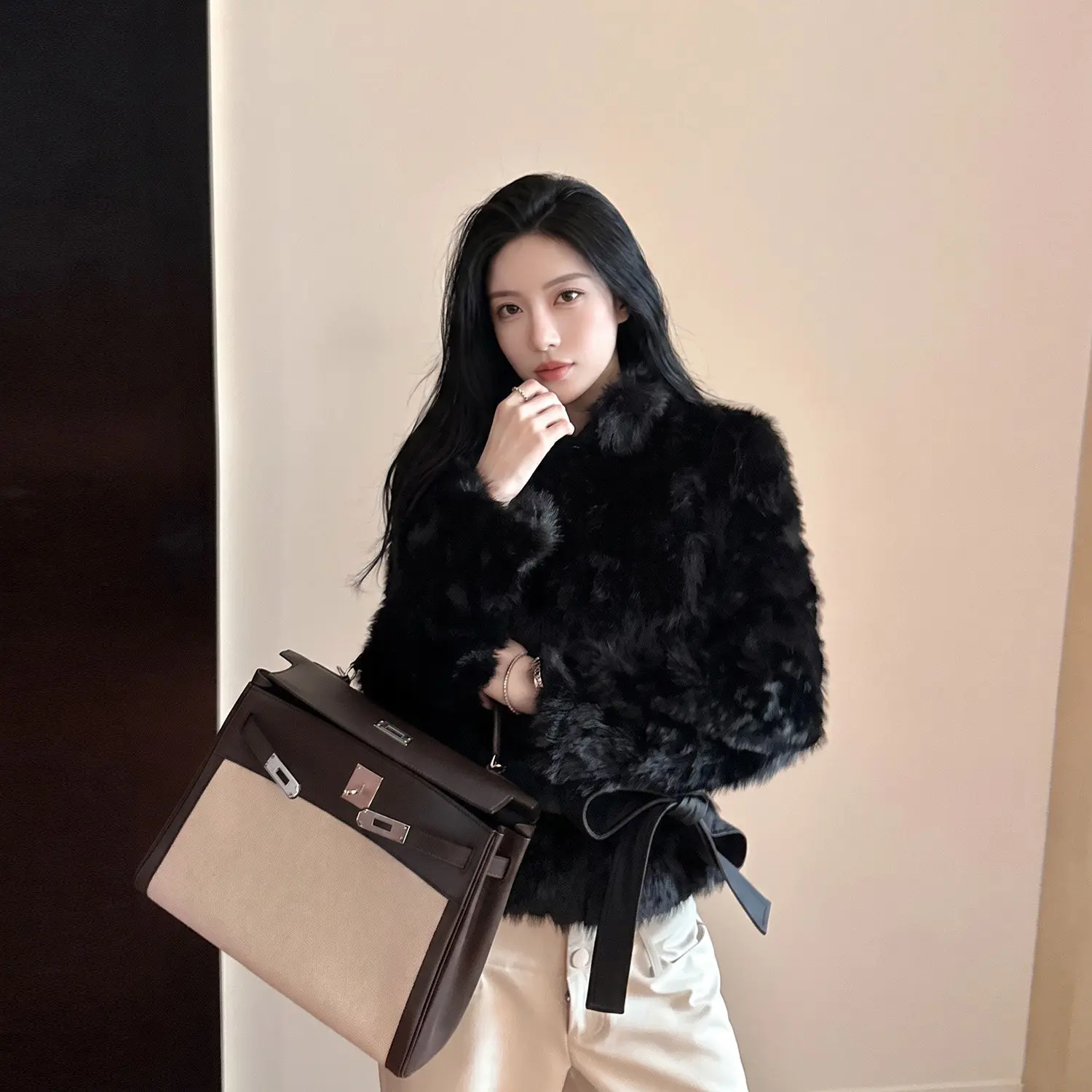 Autumn Winter Women Vintage Stand Collar Covered Buttons Faux Fur Coat Tie Bow Faux Leather Sashes Long Sleeve Warm Outerwear