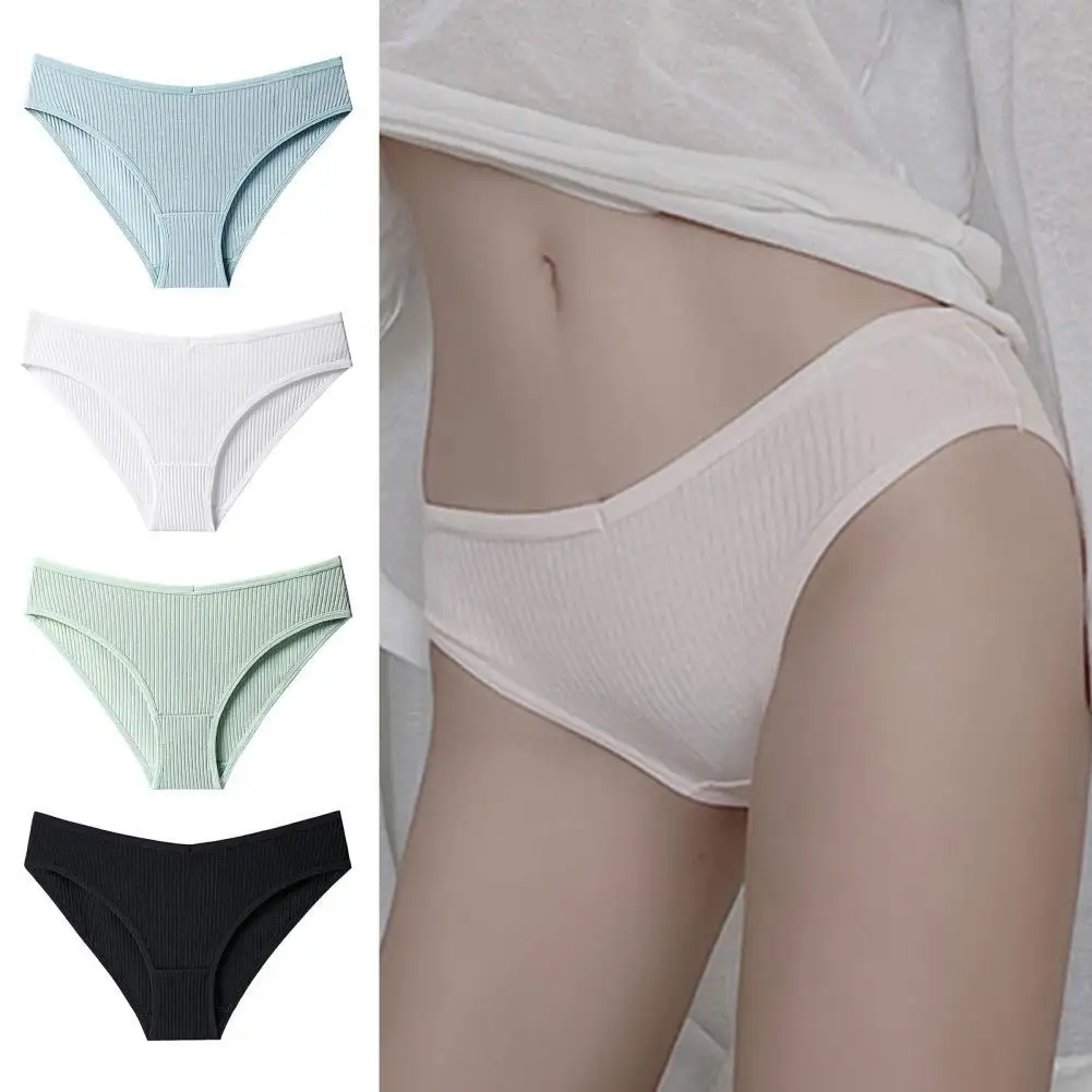 

Low-Rise Seamless Breathable Women Panties Solid Color Ribbed Briefs for Daily Wear