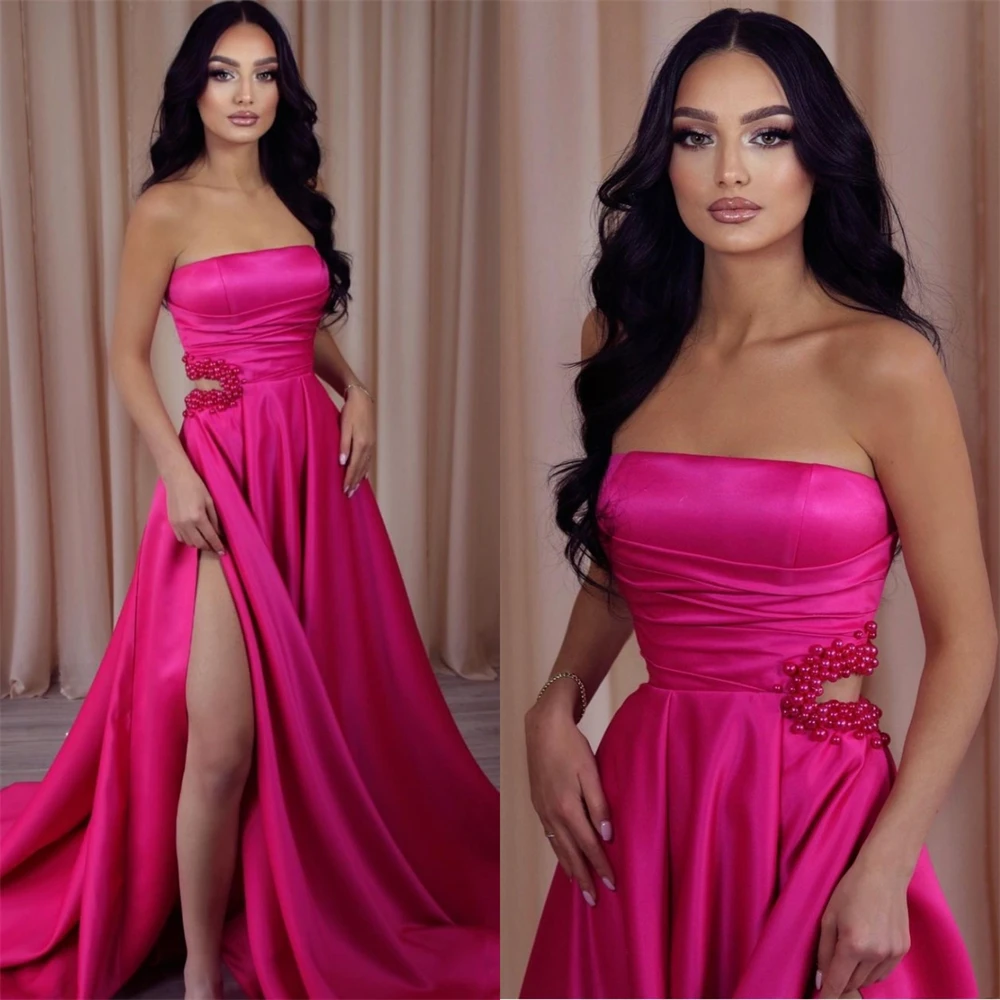 

High Quality Strapless Sheath Cocktail Sequin Pearls Satin Occasion Evening Gown vestido de gala 칵테일드레스