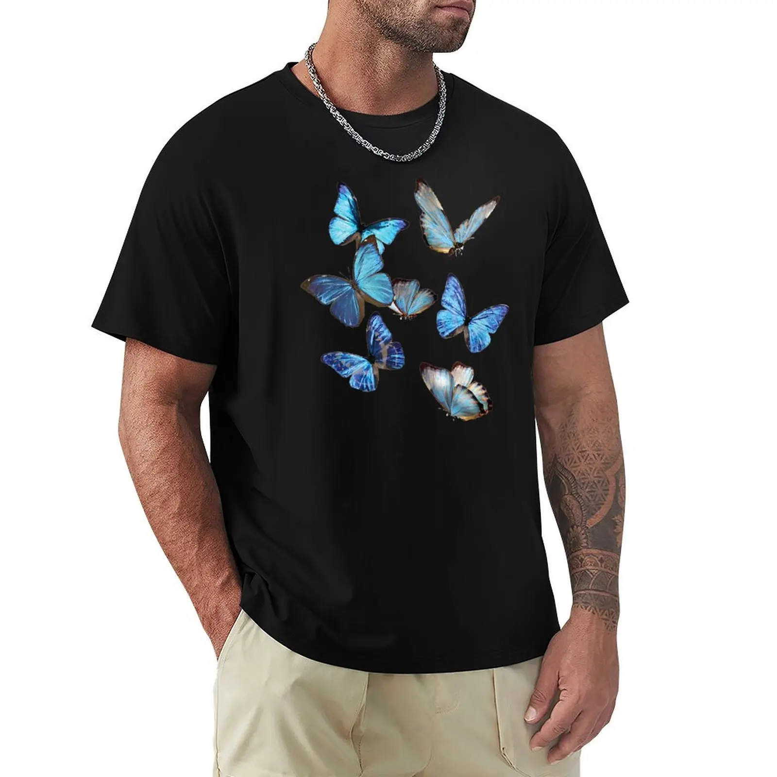 Blue Morpho Butterfly Swarm Lepidoptera Entomology T-Shirt cotton t-shirt plain for man package T-Shirt
