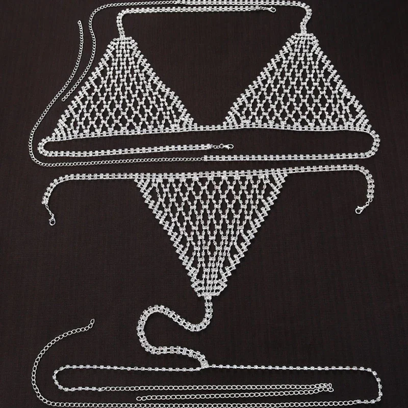 Stonefans Boho Rhinestone Grid Chest Chain and Thong Jewellery Lingerie Panties Women's Harness Bra Sexy Mesh Bodies Accessories