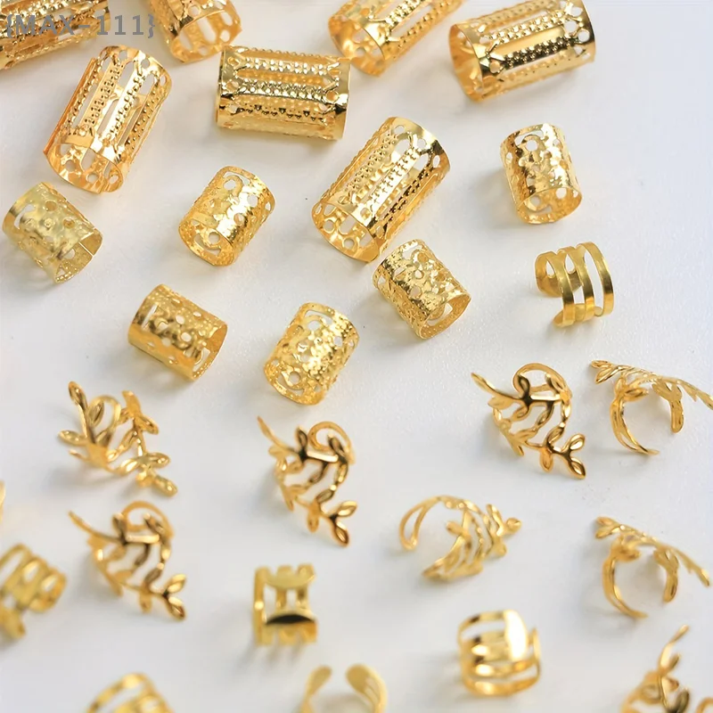 【F2-MAX111】40Pcs Vintage Gold Silver Hollow Hair Rings - Iron Hair Cuff Loop Pins Braid Decor Accessories Lock Jewelry for Styli