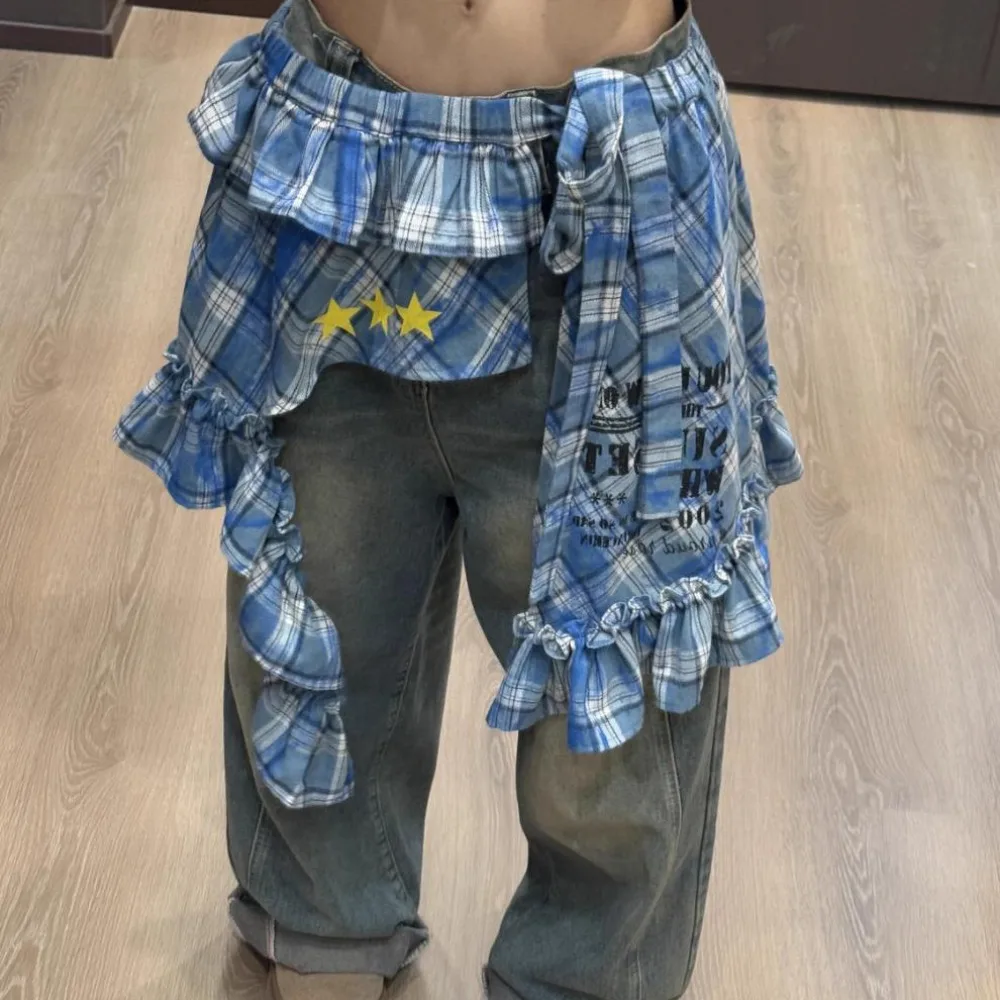 Star Layer Outfits Plaid Skirt Shirt Extender Sweet Lace Up Hip Scarf Korean Style Y2K Ruffled Edge Waistband Jeans Decor