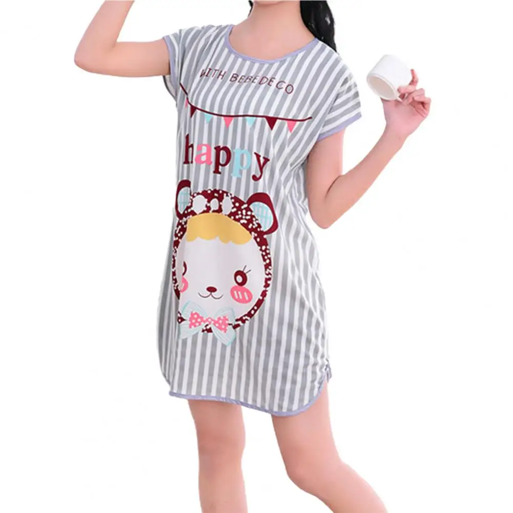 Loose Nightdress Cartoon Pattern Cute Female Round Neck Nighty Dress for Bedroom Sleeping Worn Outside