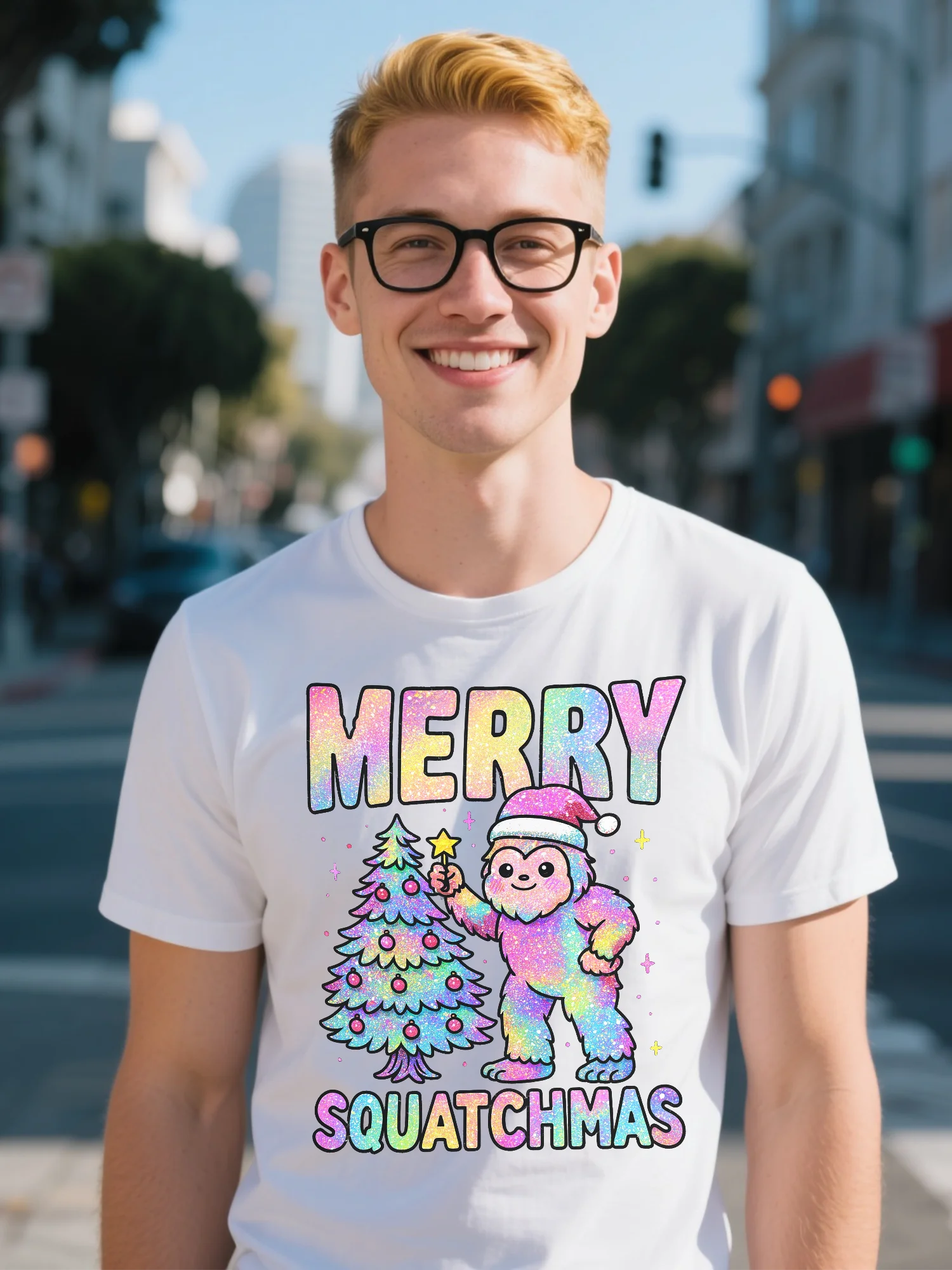 

Premium Men's T-Shirt - White High Street Christmas Tree Print, Heavyweight 280g Organic Lightweight